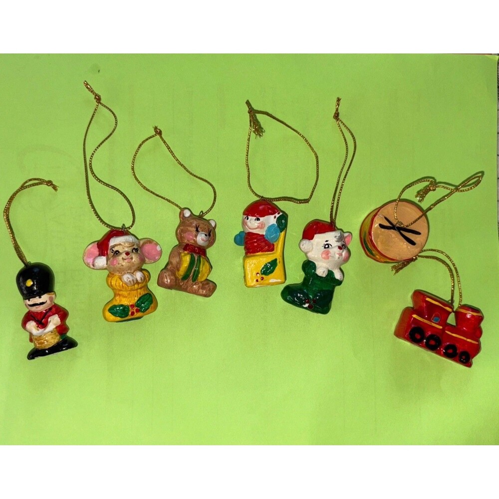 Vtg Tiny Ornaments 7 piece Mixed Made In Japan Bear Train Mouse Drum Soldier
